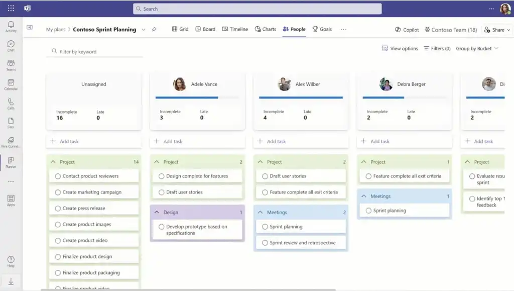 Microsoft Planner board view with buckets and task cards