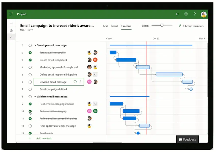 Microsoft Planner timeline view with dependencies